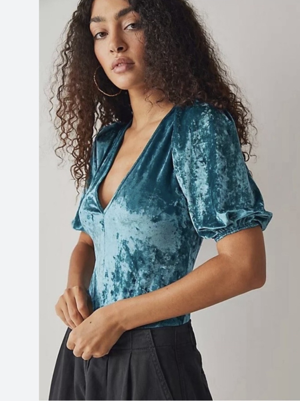 Free People Teal Crushed Velvet V-Neck Puff-Sleeve Bodysuit, Size XS